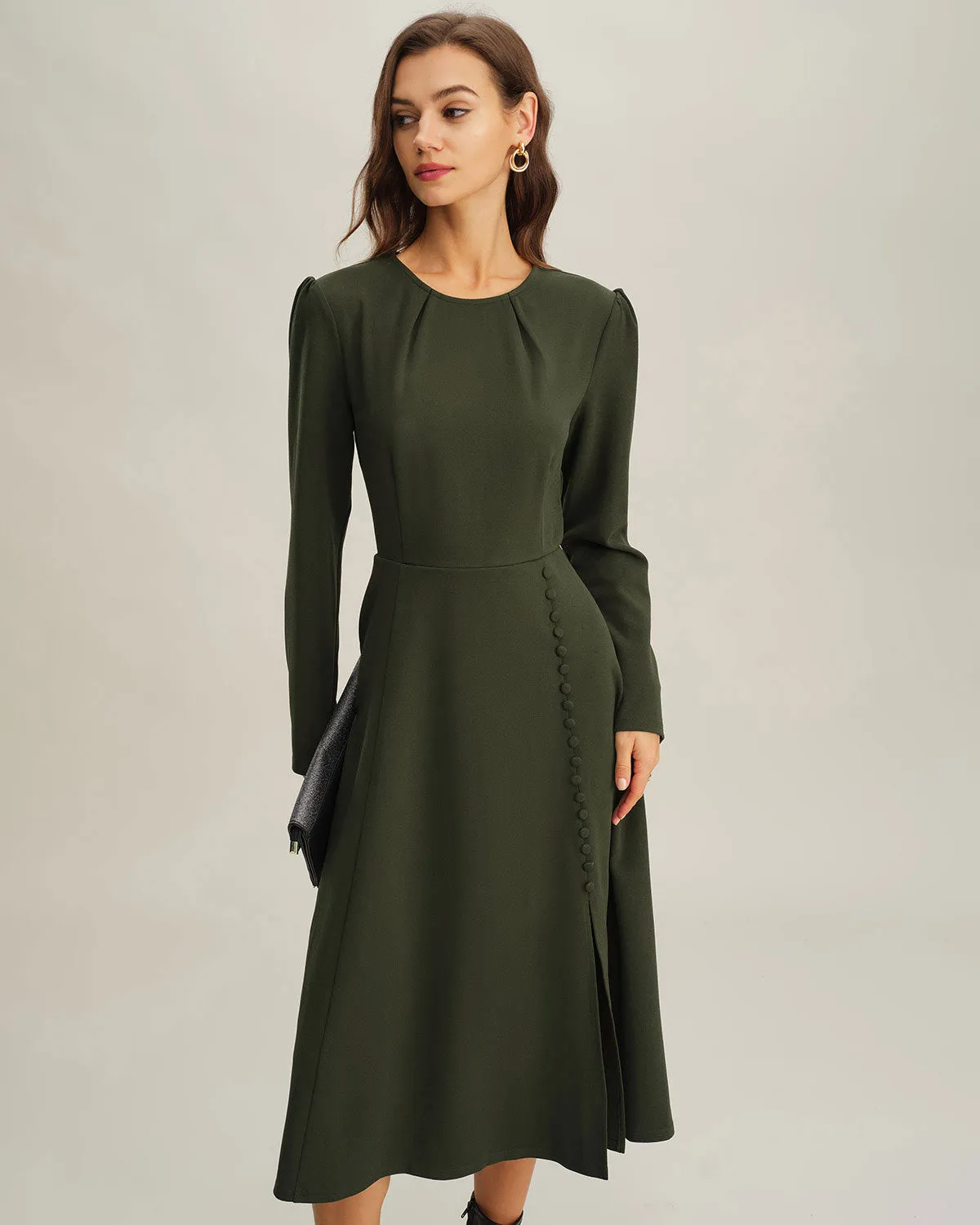 Green Ruched A-Line Slit Midi Dress sold by rihoas product image thumbnail 3