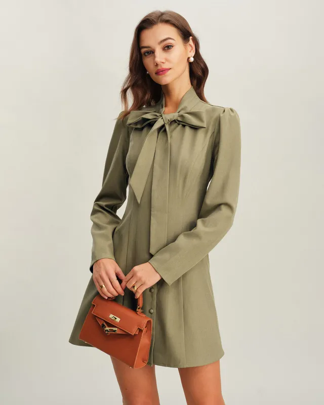 Green Tie Neck A-Line Mini Dress sold by rihoas