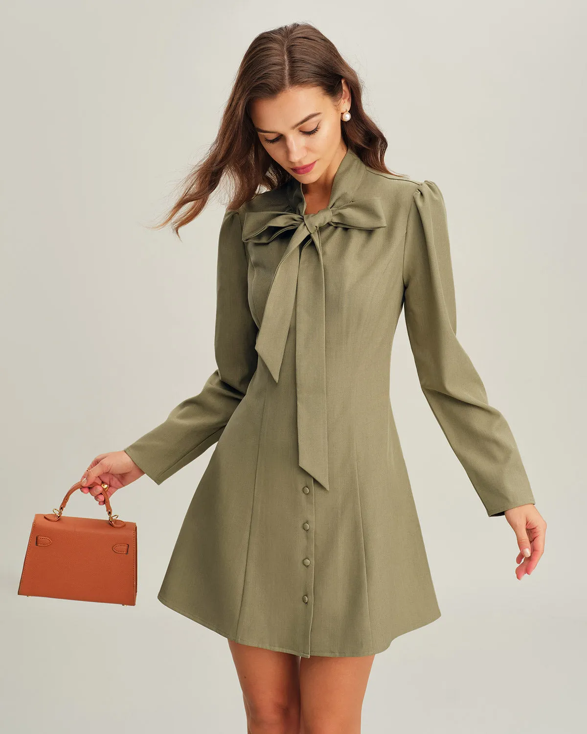 Green Tie Neck A-Line Mini Dress sold by rihoas product image thumbnail 3