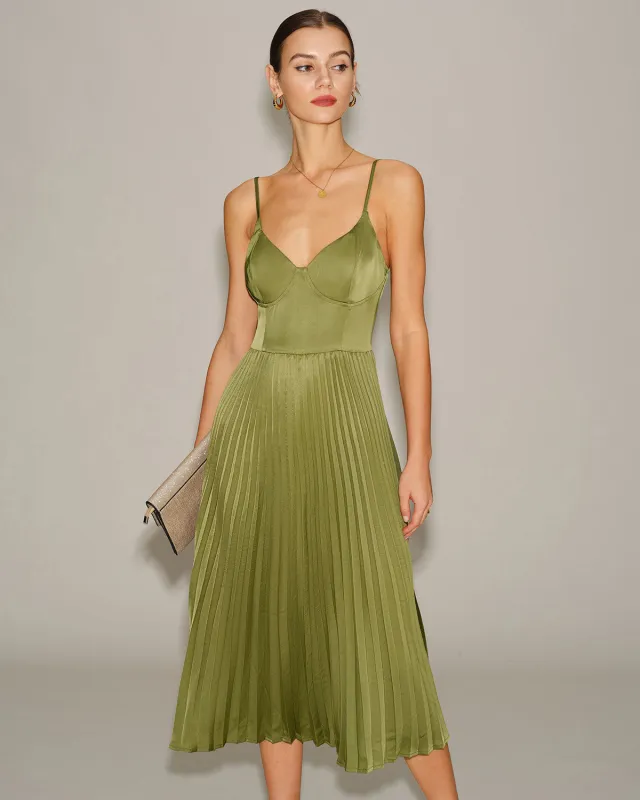 Green Sweetheart Neck Pleated Slip Midi Dress sold by rihoas