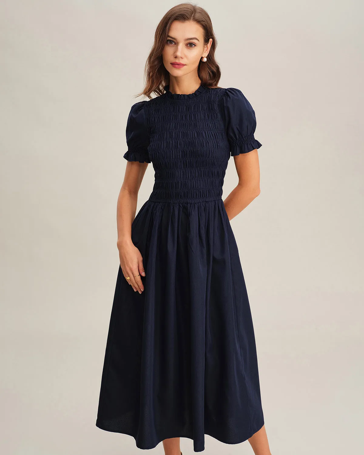 Blue Shirred A-Line Midi Dress sold by rihoas