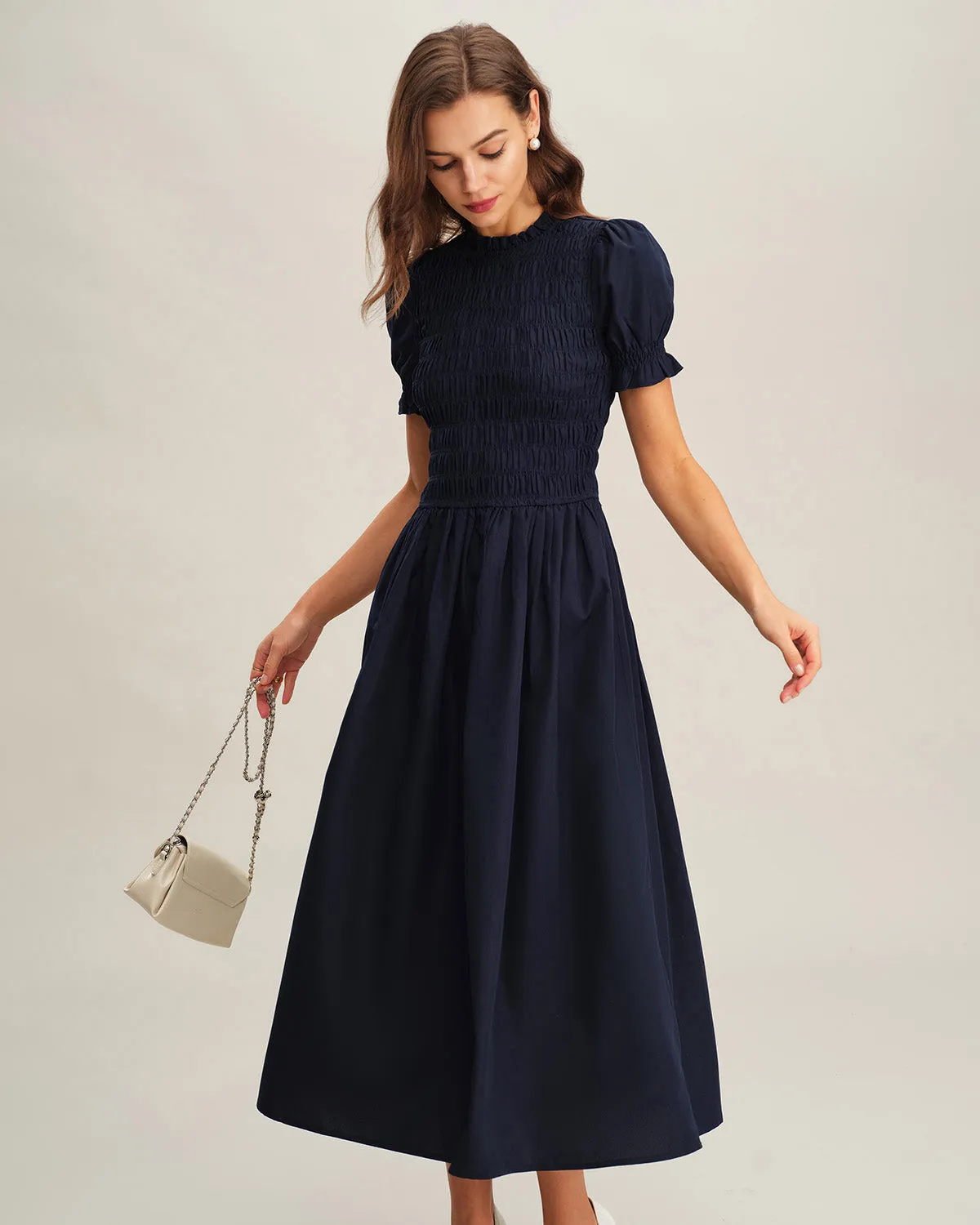 Blue Shirred A-Line Midi Dress sold by rihoas product image thumbnail 3