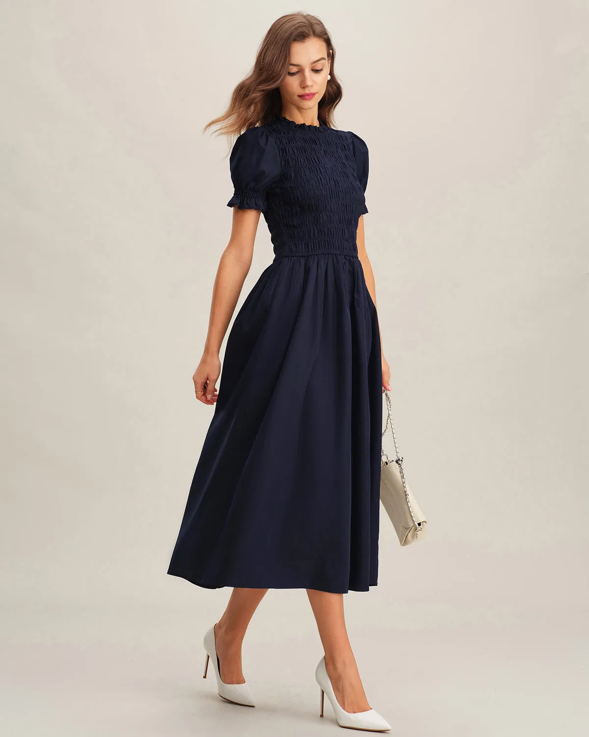 Blue Shirred A-Line Midi Dress sold by rihoas product image thumbnail 5