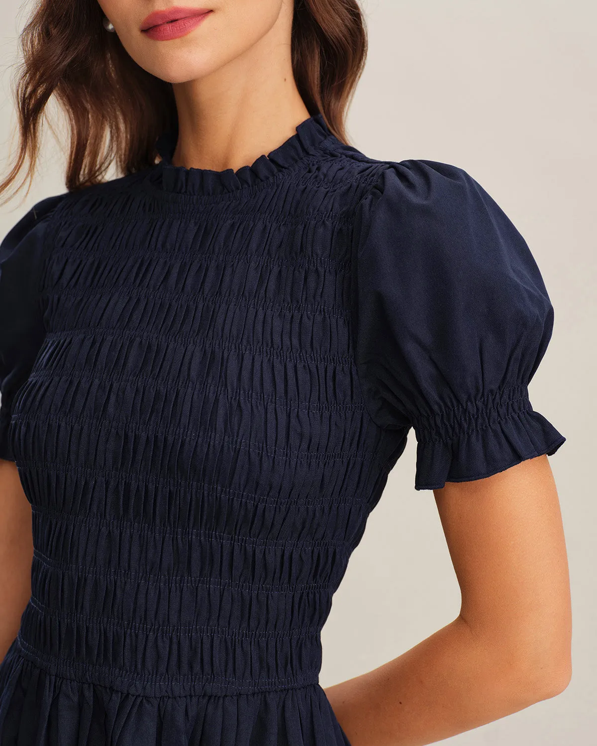 Blue Shirred A-Line Midi Dress sold by rihoas product image thumbnail 2
