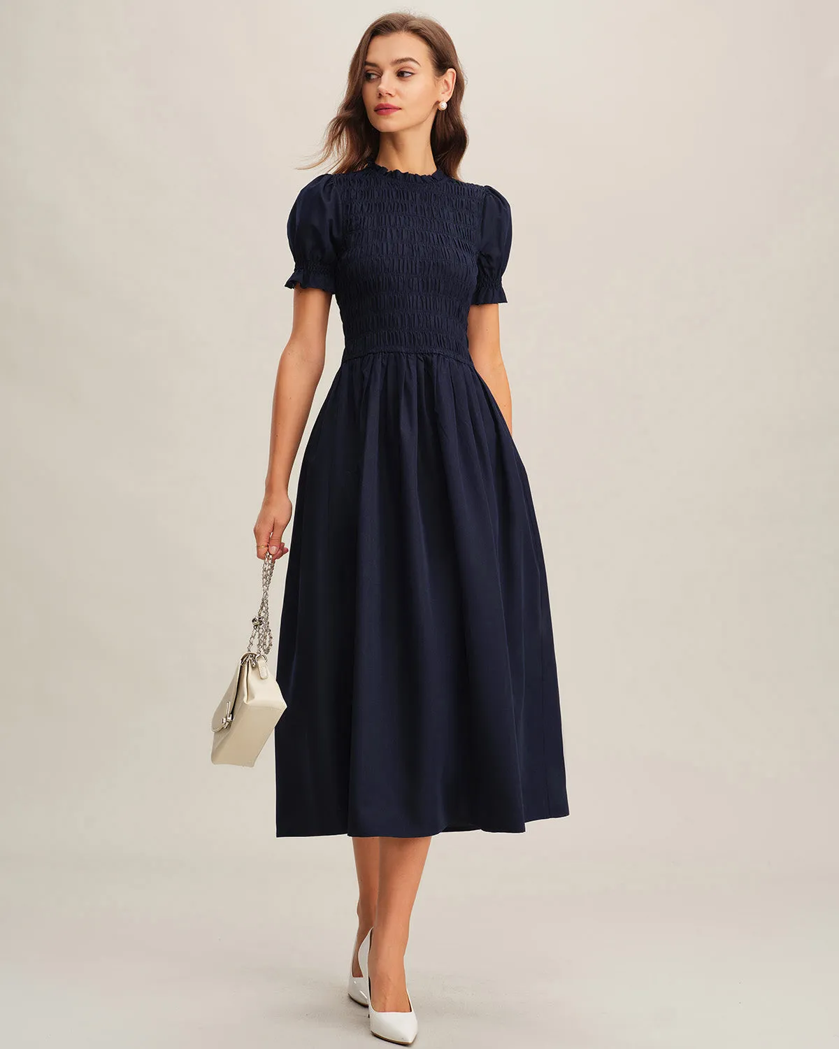 Blue Shirred A-Line Midi Dress sold by rihoas product image thumbnail 4