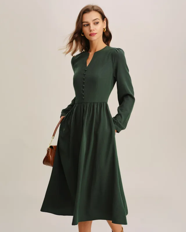 Green A-Line Pleated Midi Dress sold by rihoas