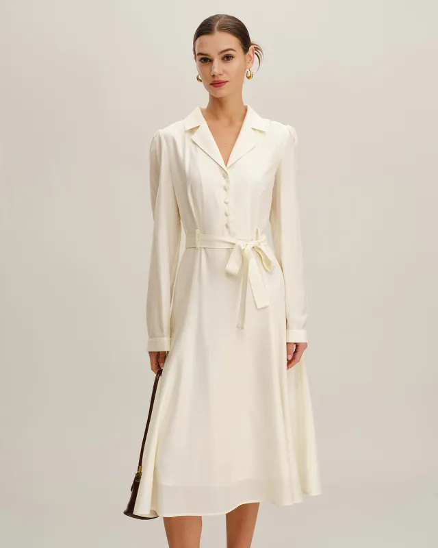 Beige Belted A-Line Midi Dress sold by rihoas