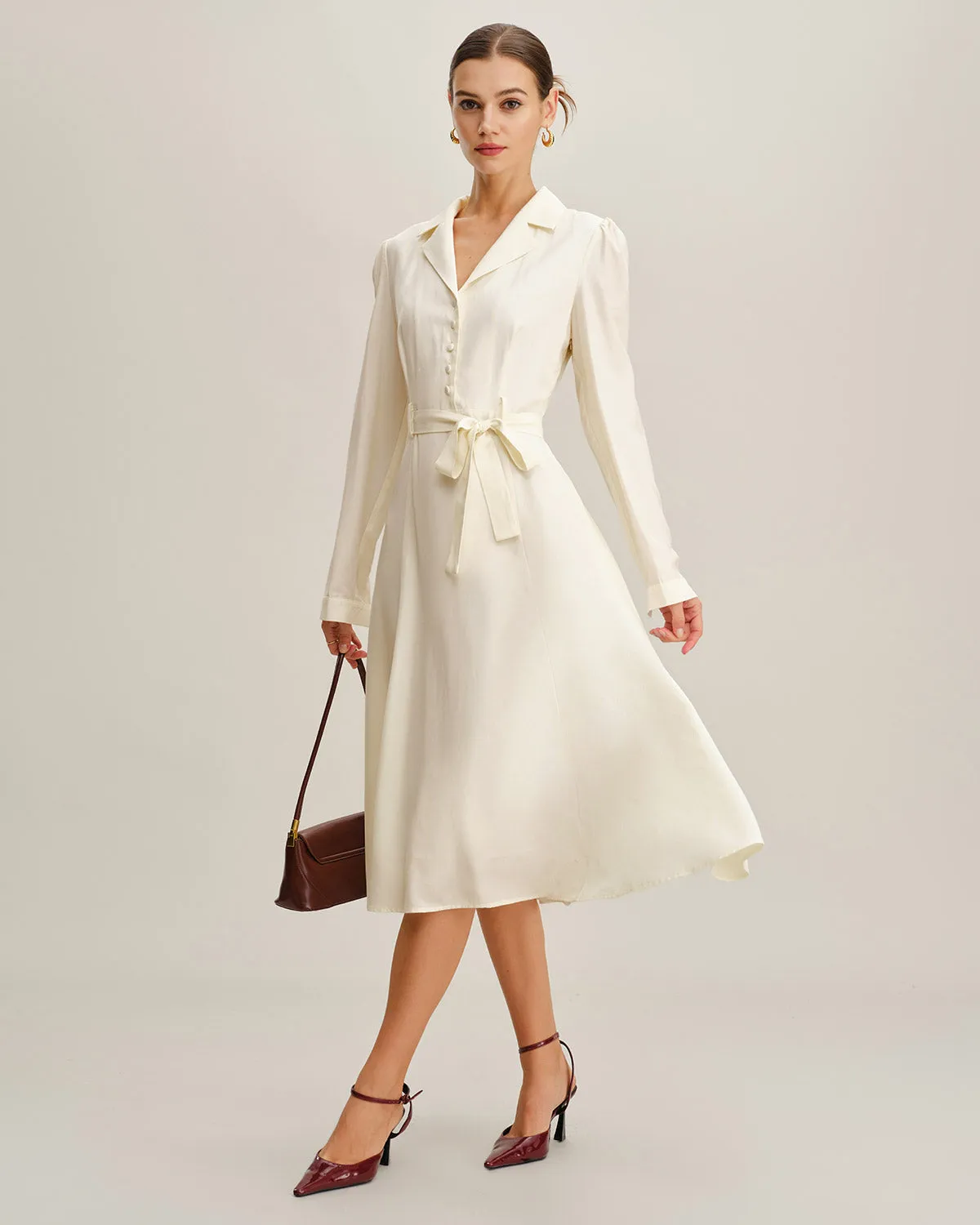 Beige Belted A-Line Midi Dress sold by rihoas product image thumbnail 3
