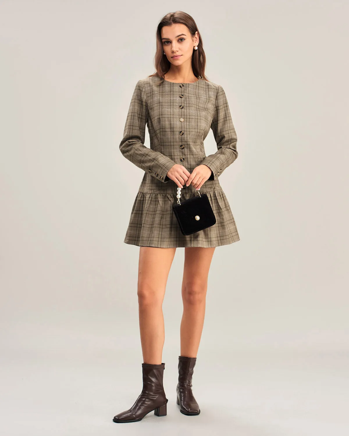 Khaki Plaid A-Line Pleated Mini Dress sold by rihoas product image thumbnail 4