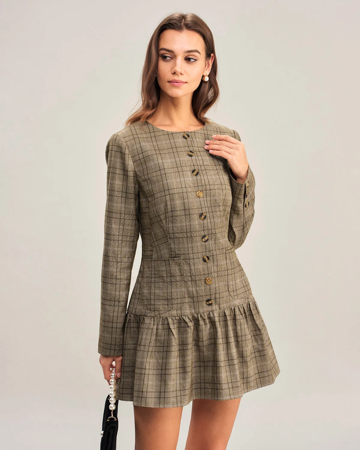 Khaki Plaid A-Line Pleated Mini Dress sold by rihoas