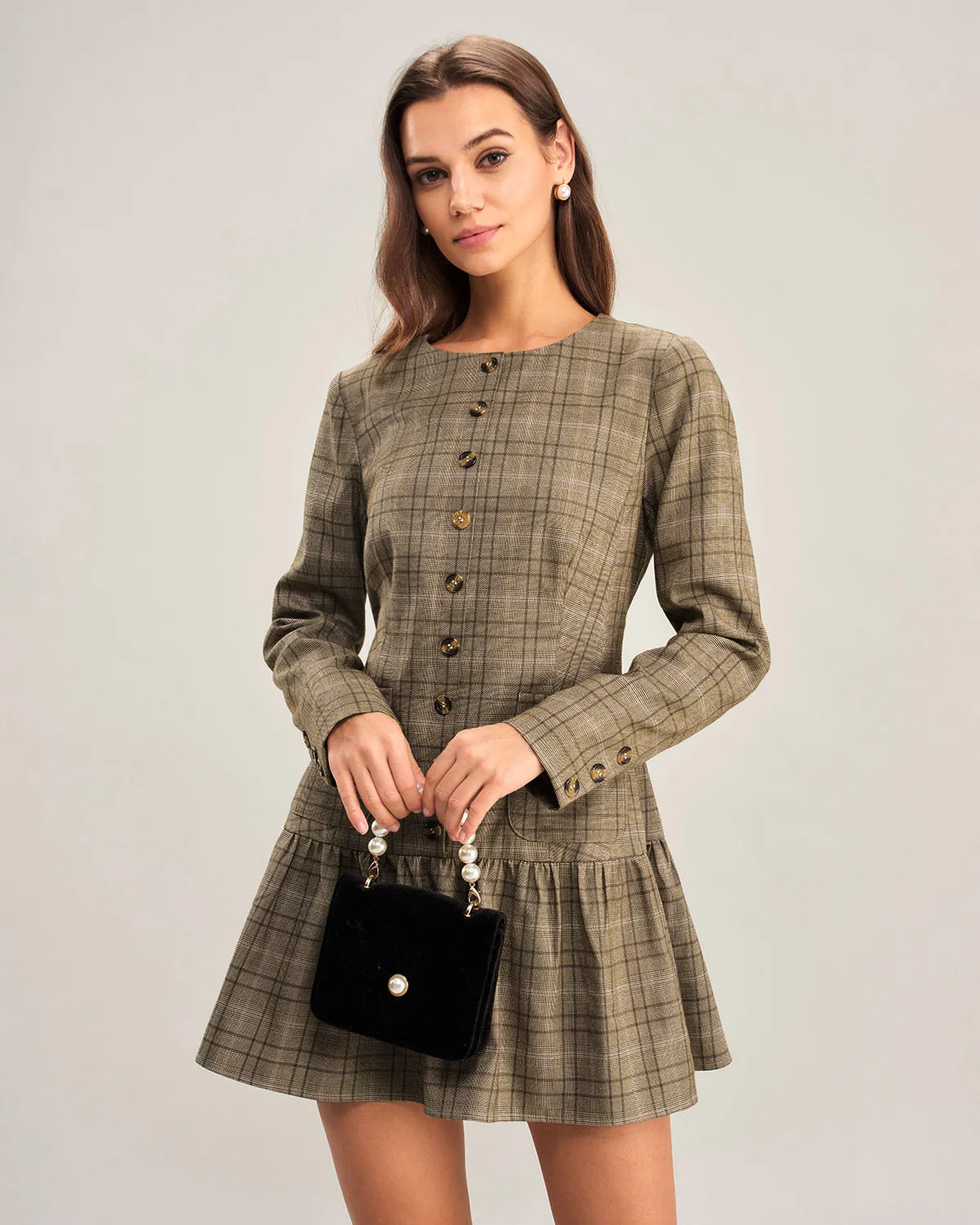 Khaki Plaid A-Line Pleated Mini Dress sold by rihoas product image thumbnail 3