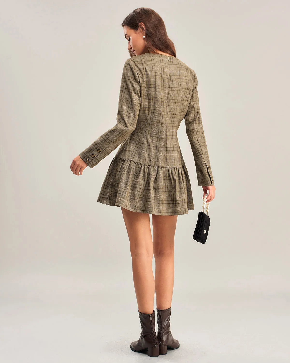 Khaki Plaid A-Line Pleated Mini Dress sold by rihoas product image thumbnail 5