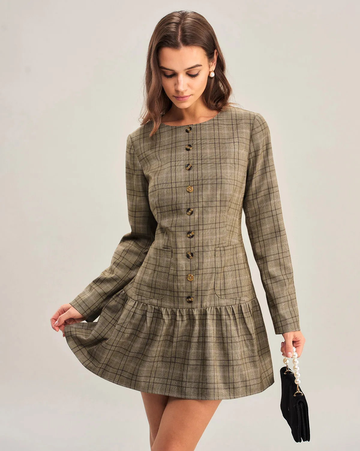 Khaki Plaid A-Line Pleated Mini Dress sold by rihoas product image thumbnail 2