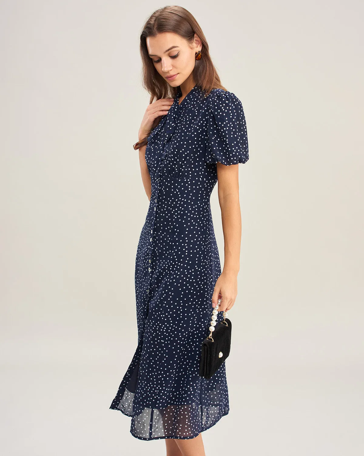 Navy Polka Dot Mock Neck Midi Dress sold by rihoas product image thumbnail 3