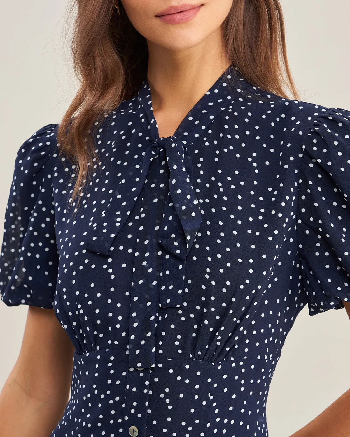 Navy Polka Dot Mock Neck Midi Dress sold by rihoas product image thumbnail 2