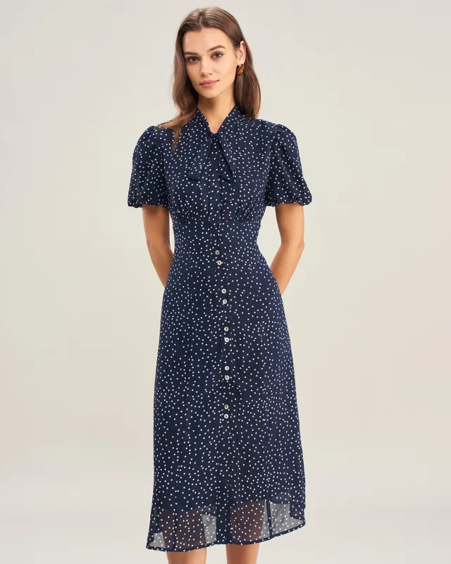 Navy Polka Dot Mock Neck Midi Dress sold by rihoas