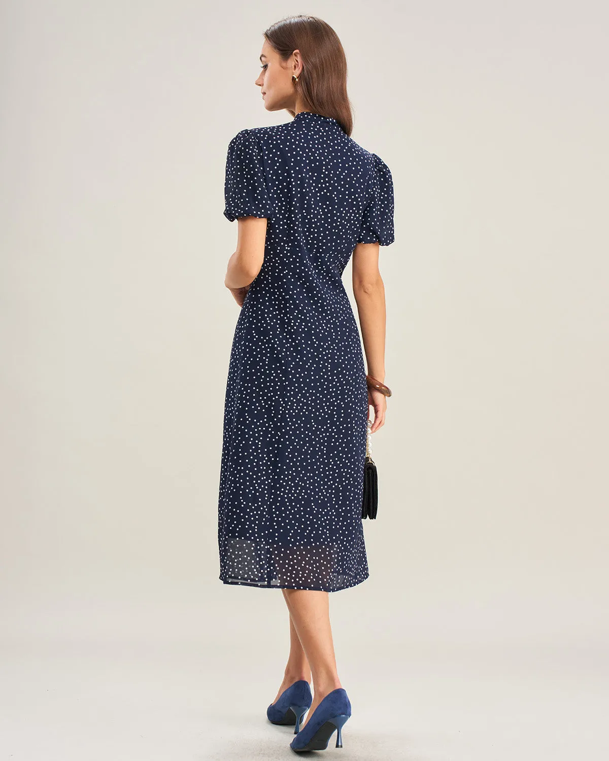 Navy Polka Dot Mock Neck Midi Dress sold by rihoas product image thumbnail 5