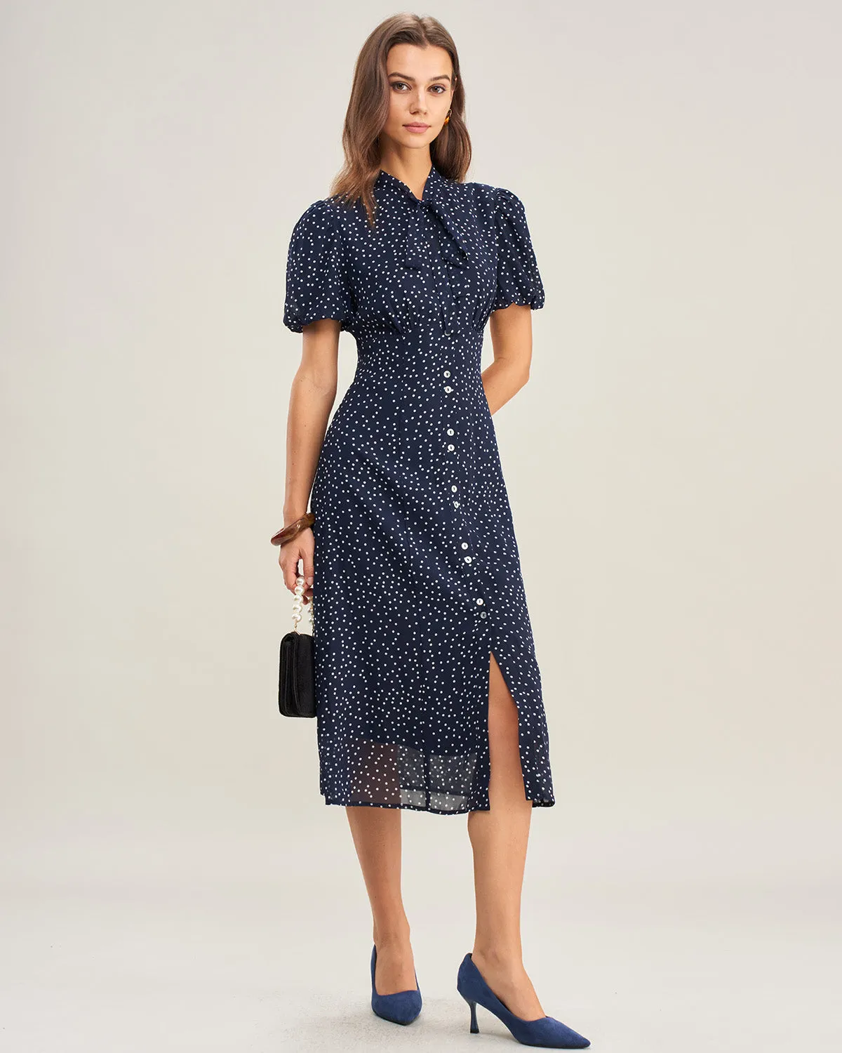 Navy Polka Dot Mock Neck Midi Dress sold by rihoas product image thumbnail 4