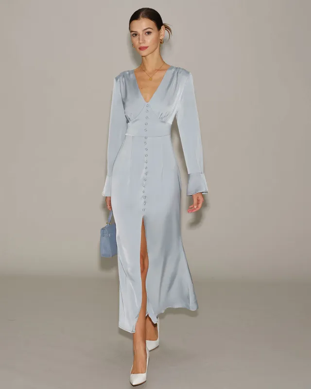 Grey Satin Bell Sleeve Maxi Dress sold by rihoas