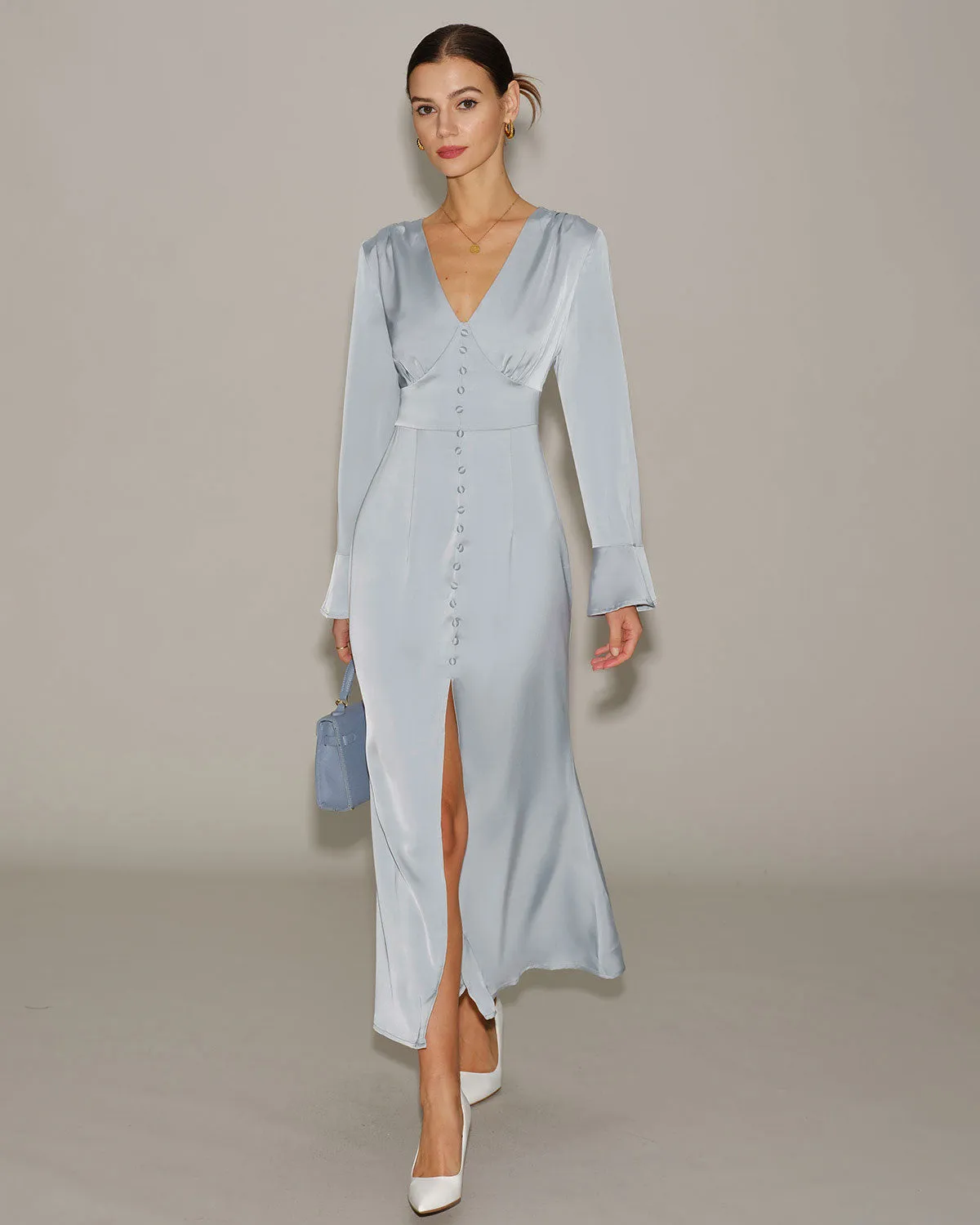Grey Satin Bell Sleeve Maxi Dress sold by rihoas