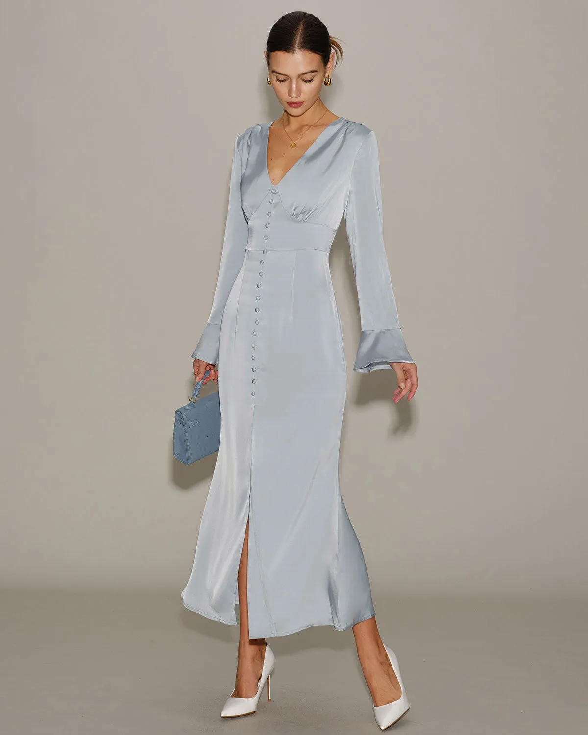 Grey Satin Bell Sleeve Maxi Dress sold by rihoas product image thumbnail 5