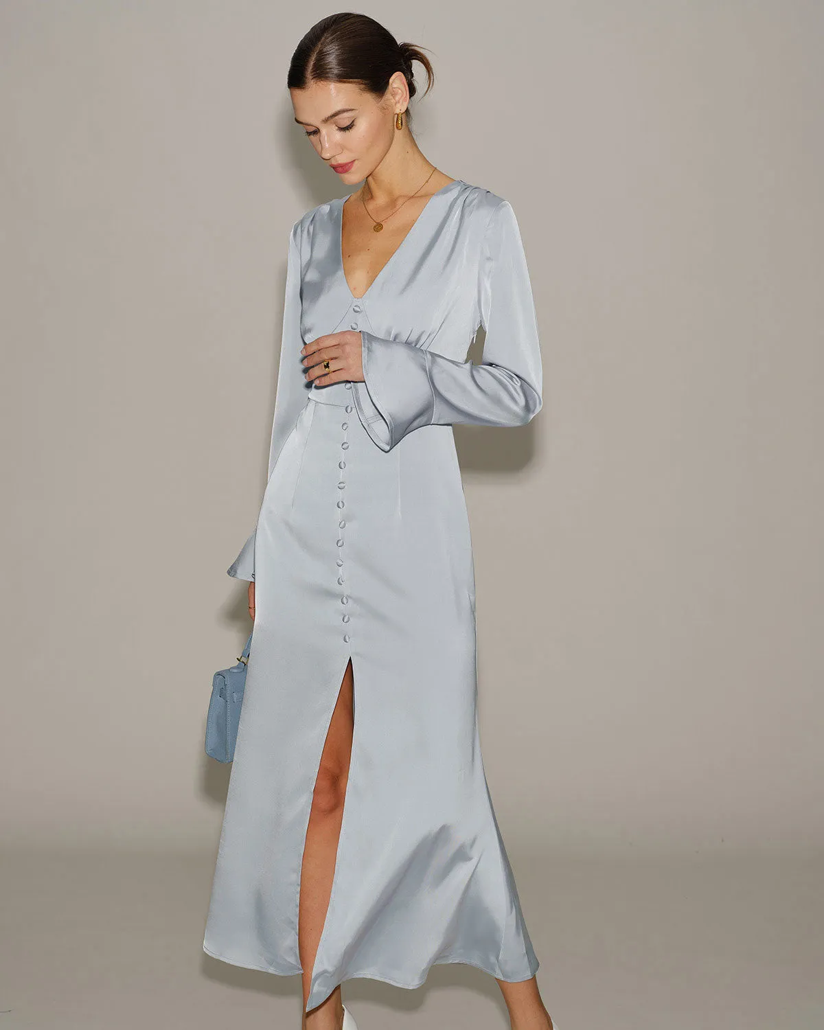 Grey Satin Bell Sleeve Maxi Dress sold by rihoas product image thumbnail 3