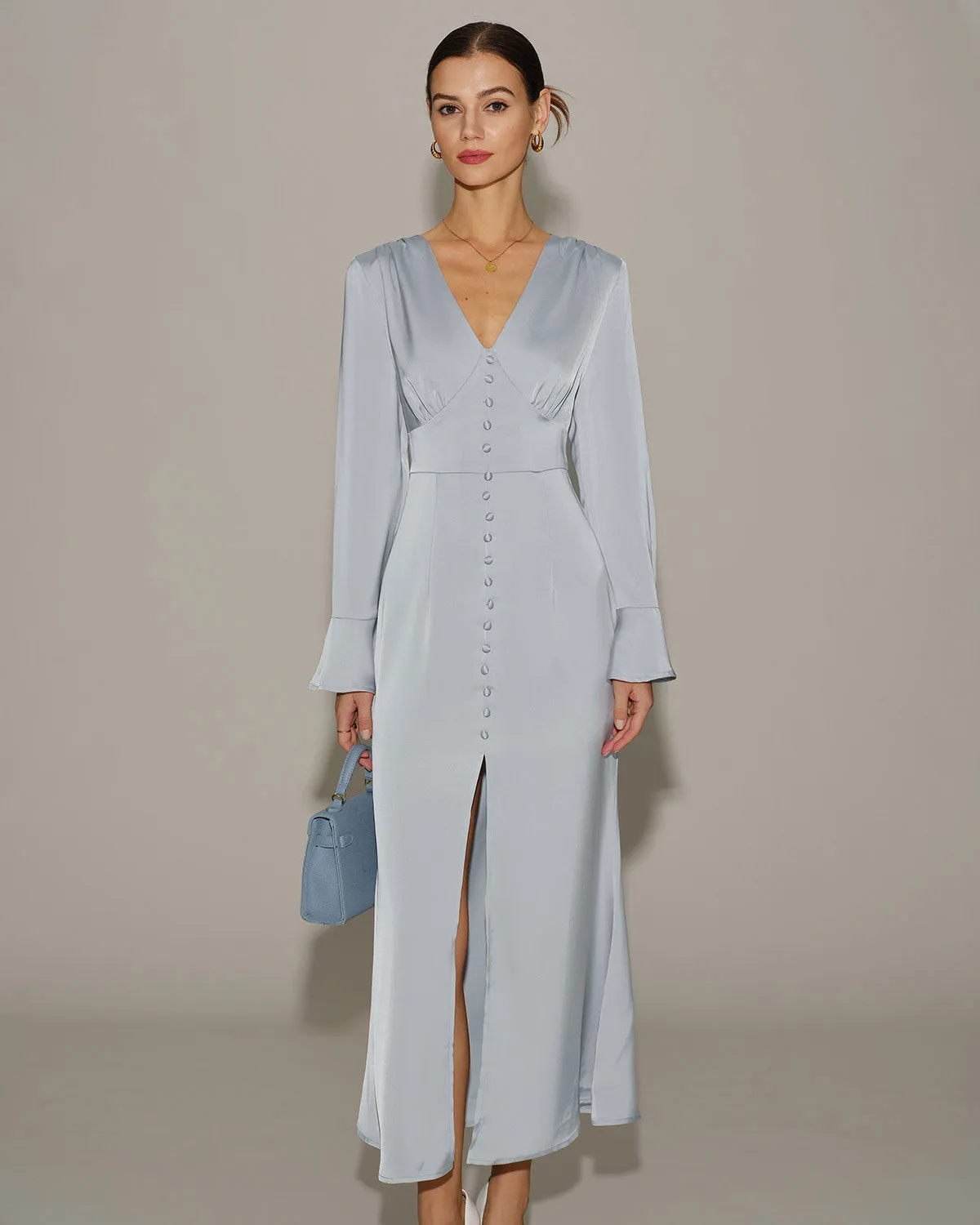 Grey Satin Bell Sleeve Maxi Dress sold by rihoas product image thumbnail 4