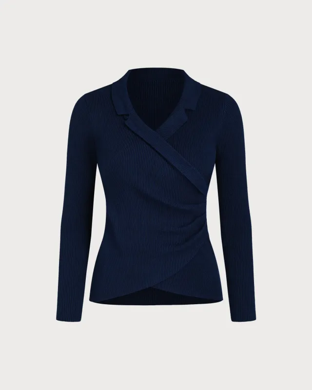 Blue V Neck Ruched Knit Cardigan sold by rihoas