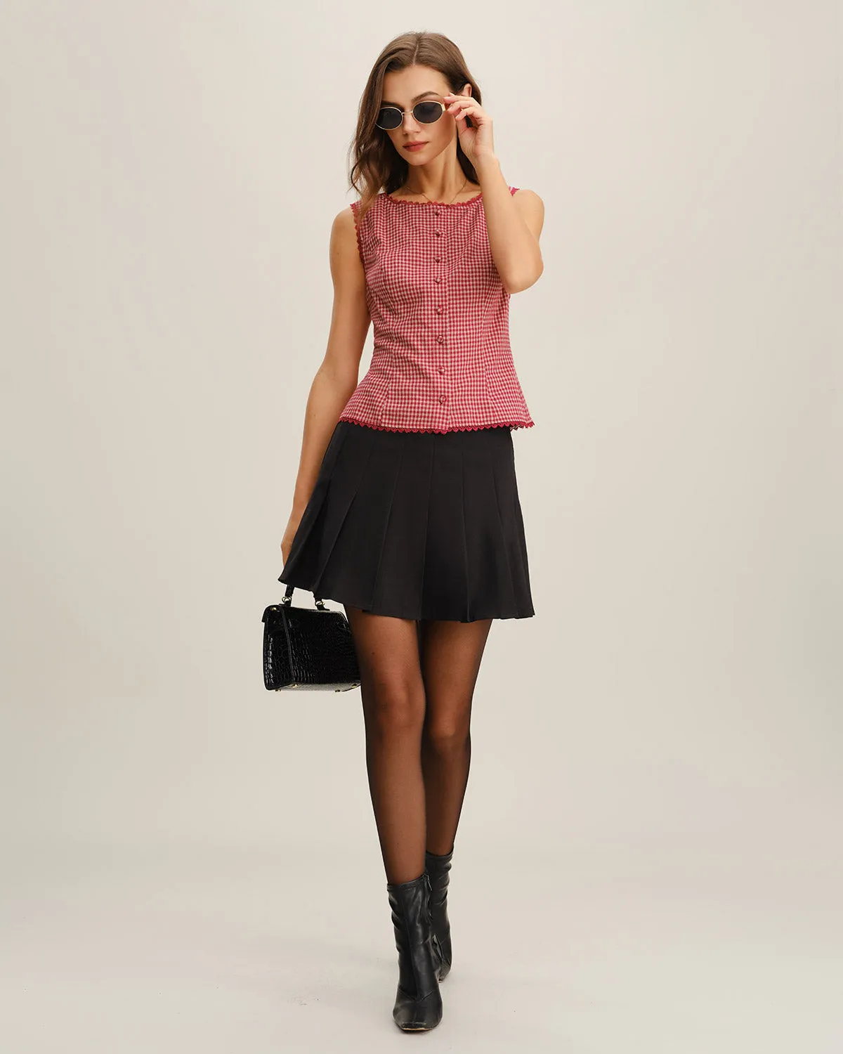 Red Plaid Boat Neck Sleeveless Tank Top sold by rihoas product image thumbnail 4