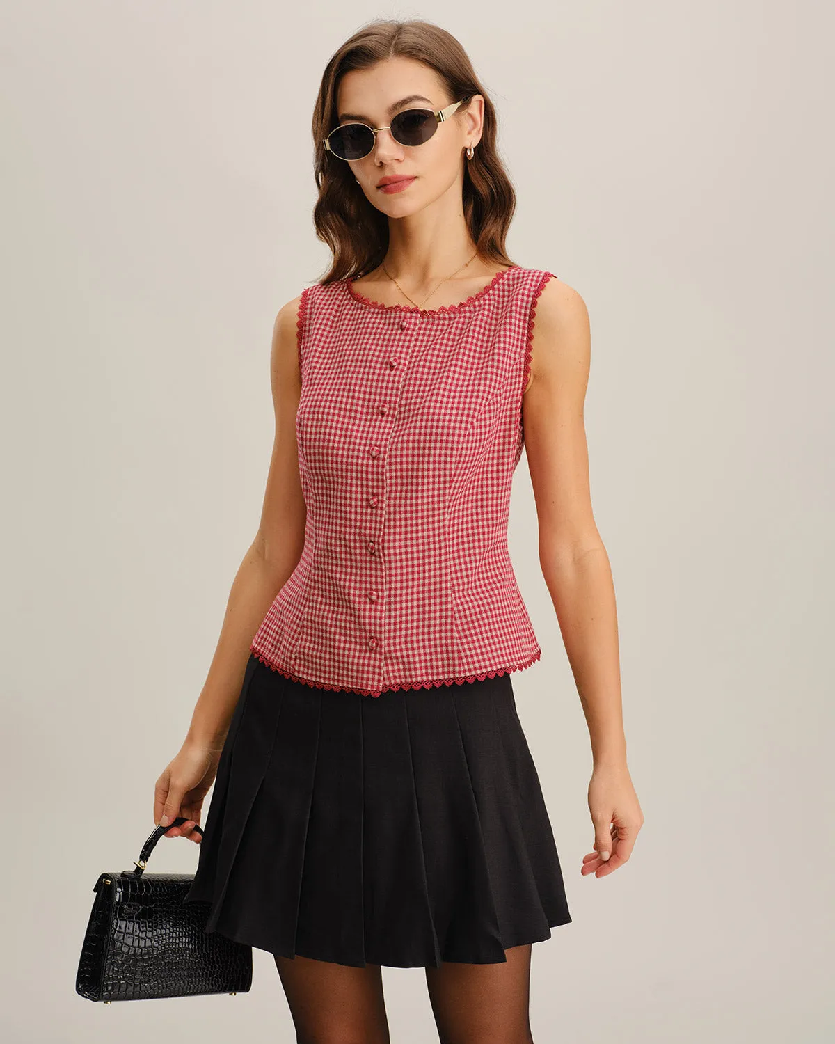 Red Plaid Boat Neck Sleeveless Tank Top sold by rihoas product image thumbnail 3