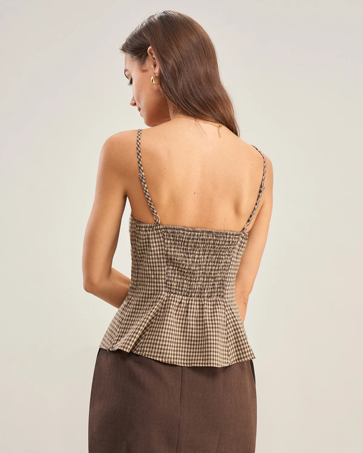 Brown Plaid Shirred Cami Top sold by rihoas product image thumbnail 3