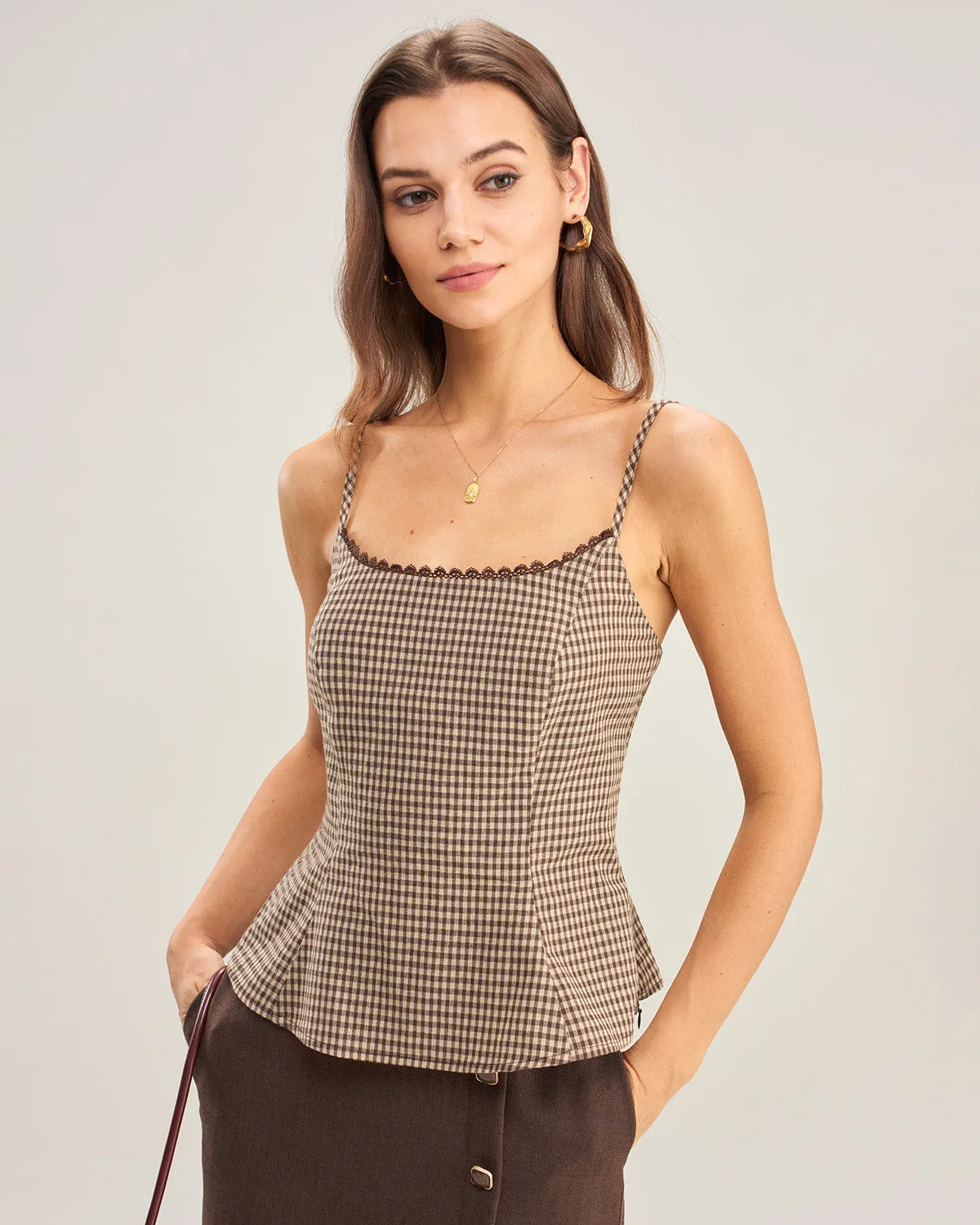 Brown Plaid Shirred Cami Top sold by rihoas