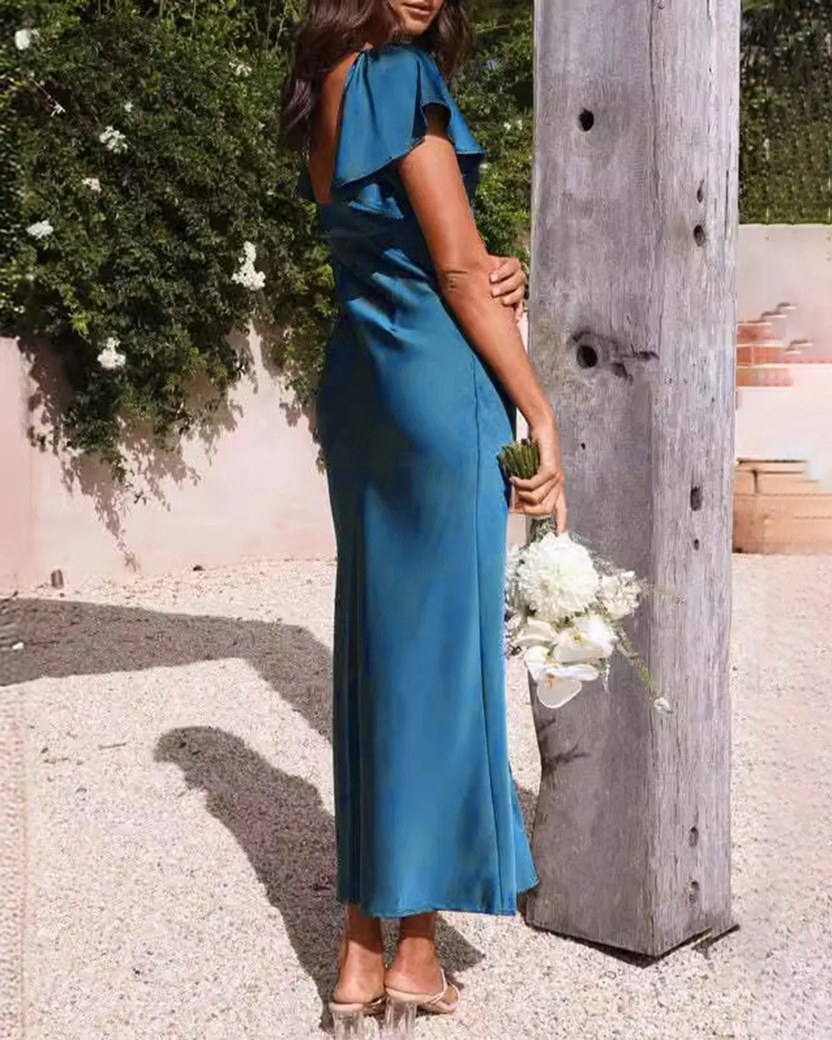 Blue Satin Cap Sleeve Maxi Dress sold by rihoas product image thumbnail 4