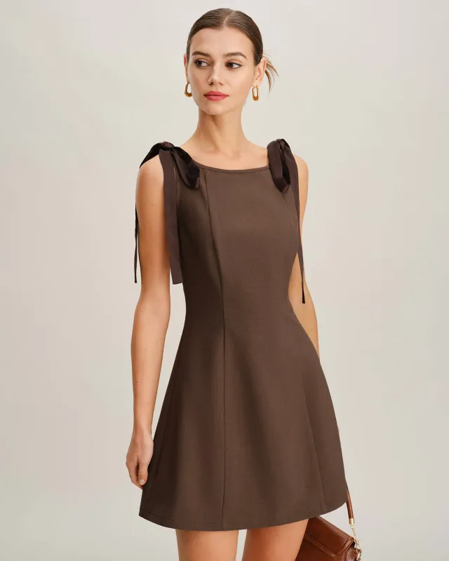 Coffee Boat Neck Tie Strap Mini Dress sold by rihoas