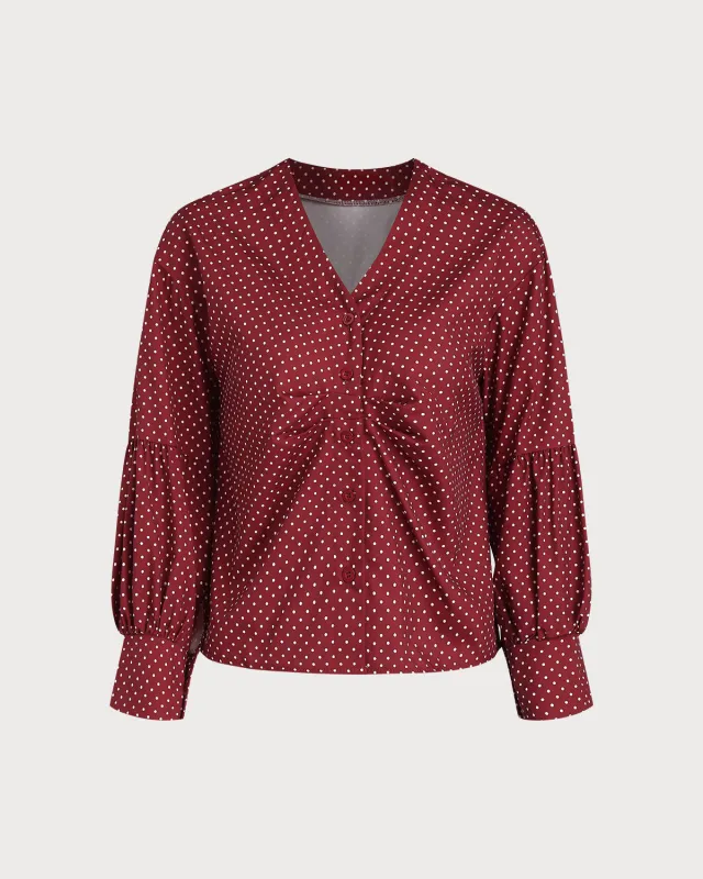 Red V Neck Polka Dot Blouse sold by rihoas