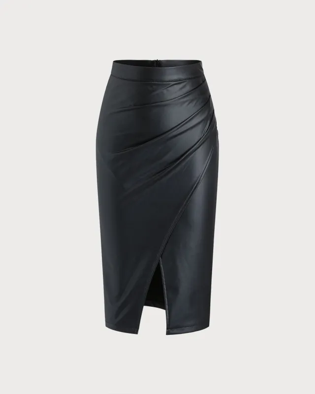 Black Straight Leather Midi Skirt sold by rihoas