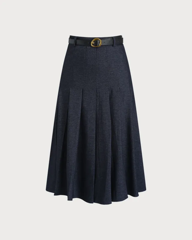 Blue Pleated Belted Midi Skirt sold by rihoas