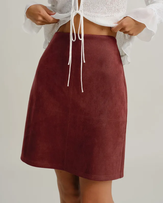 Red Suede Straight Slit Mini Skirt sold by rihoas