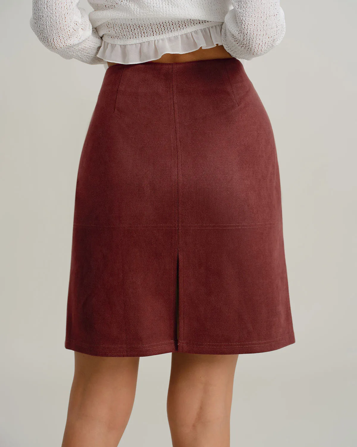 Red Suede Straight Slit Mini Skirt sold by rihoas product image thumbnail 2
