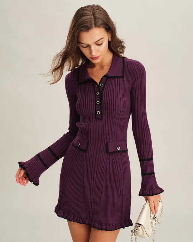 Purple  Contrasting Bell Sleeve Sweater Dress sold by rihoas