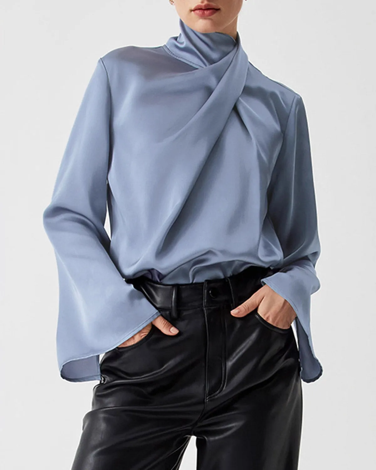 Blue Satin Pleated Blouse sold by rihoas