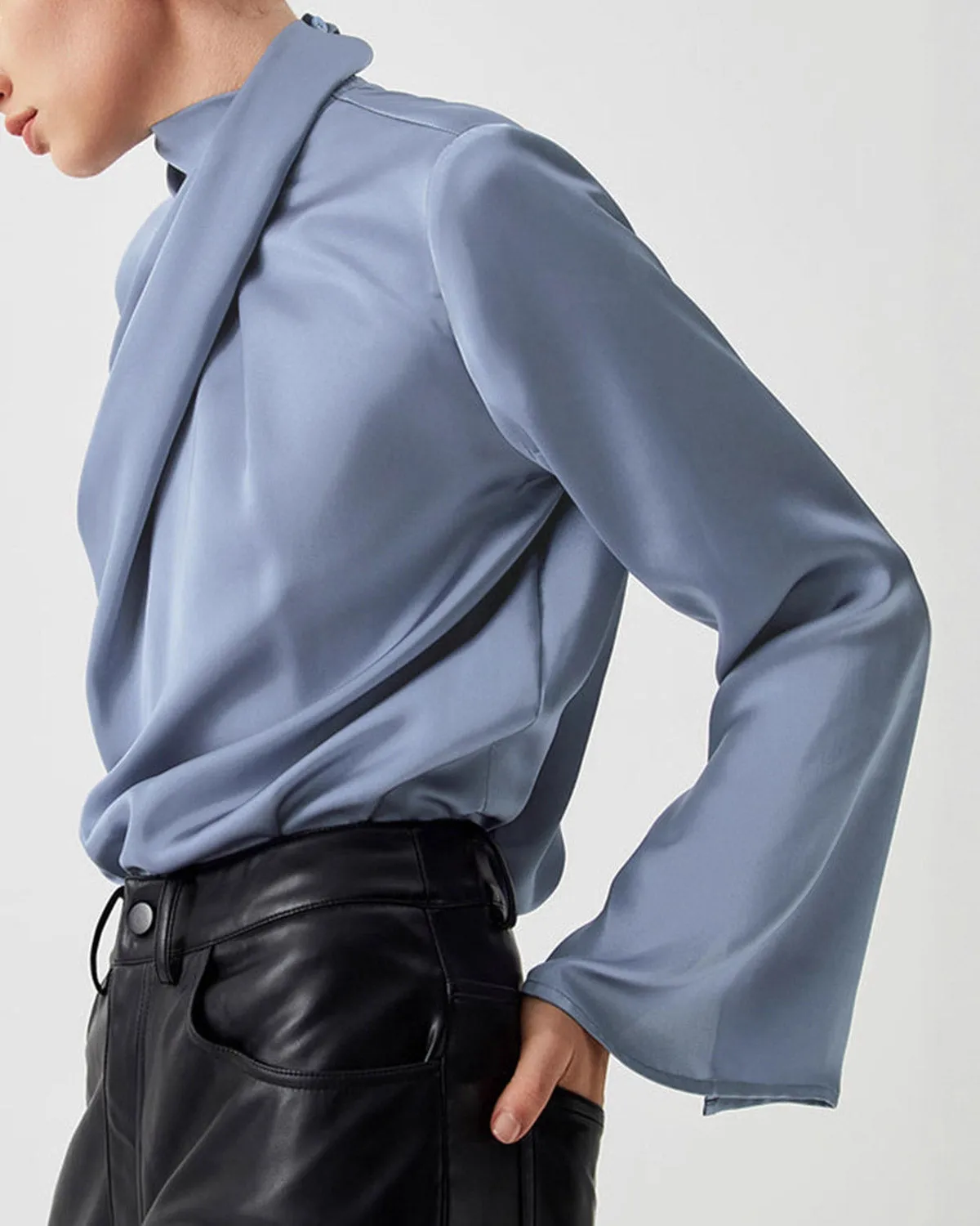 Blue Satin Pleated Blouse sold by rihoas product image thumbnail 3