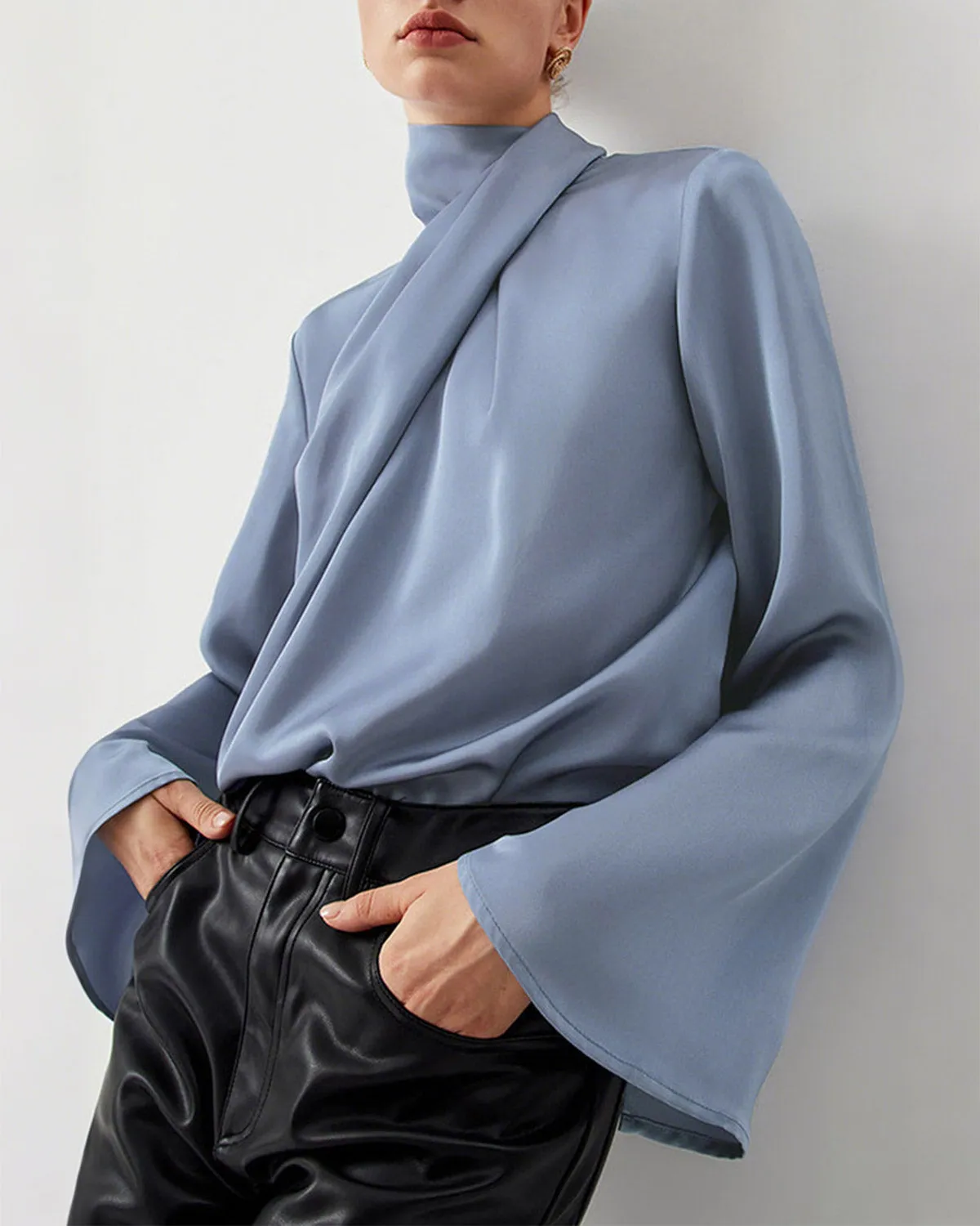 Blue Satin Pleated Blouse sold by rihoas product image thumbnail 2