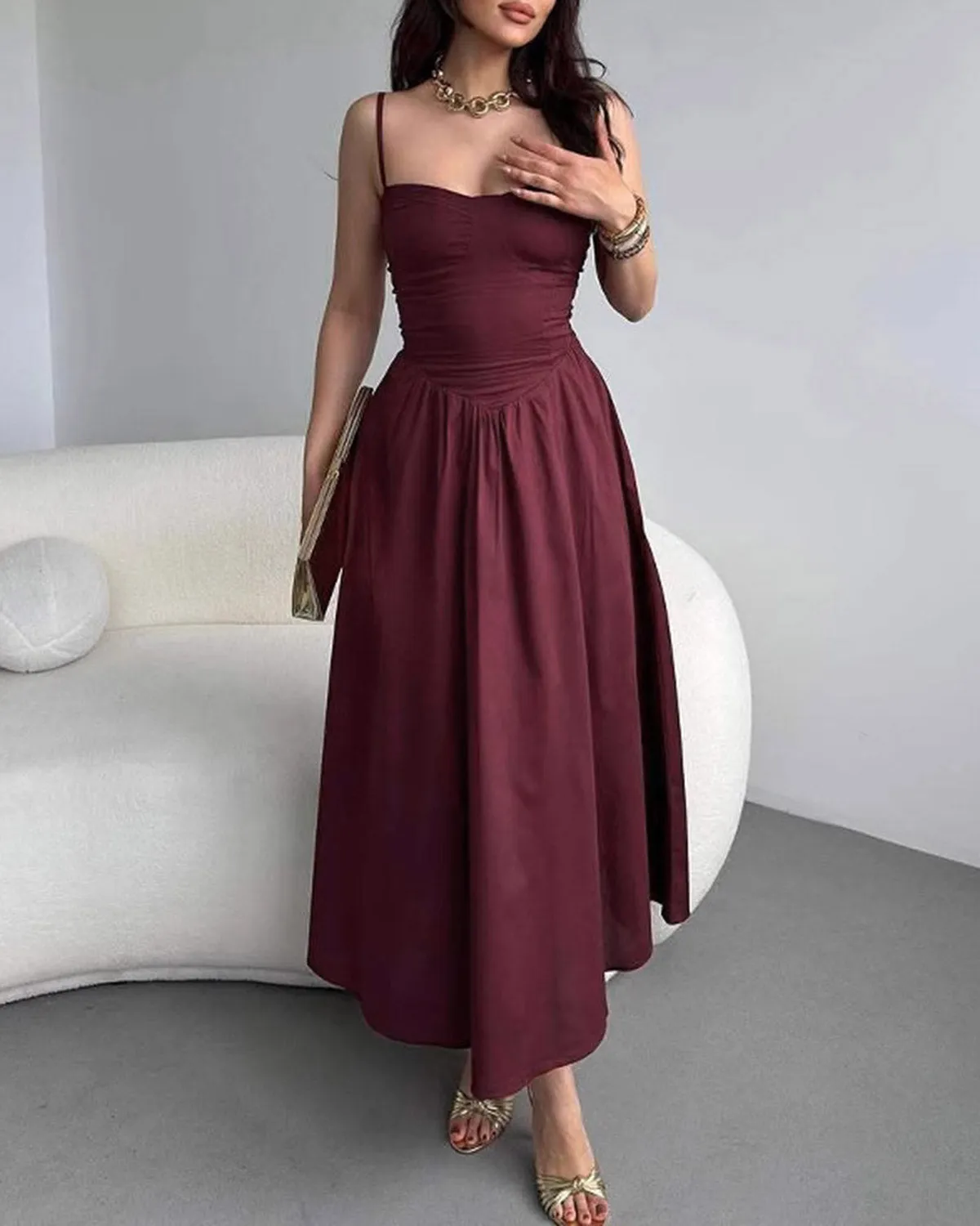 Wine Red A-Line Slip Maxi Dress sold by rihoas product image thumbnail 2