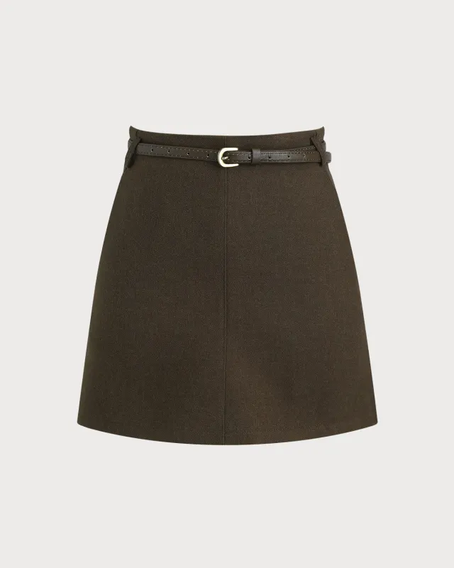 Coffee A-Line Belted Mini Skirt sold by rihoas