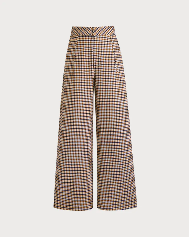Khaki Plaid Casual Straight Pants sold by rihoas