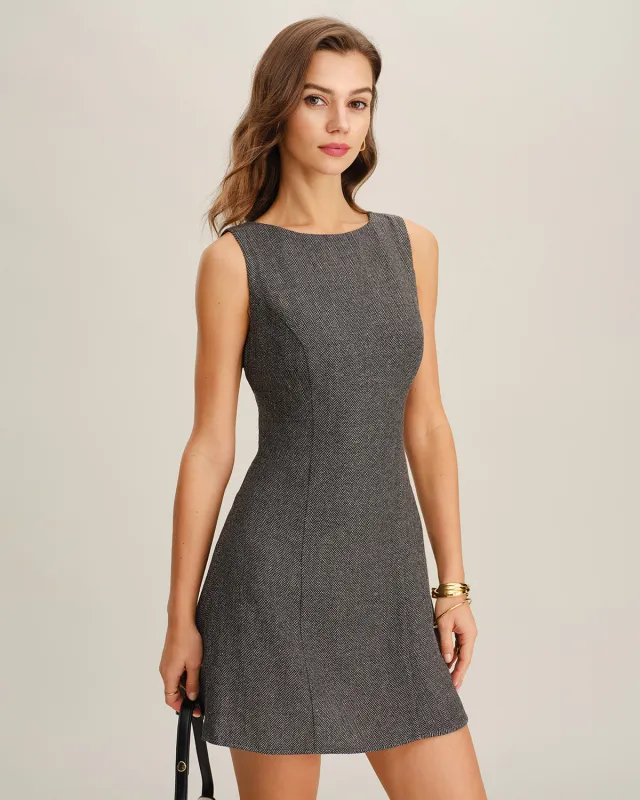 Grey Boat Neck A-Line Sleeveless Mini Dress sold by rihoas