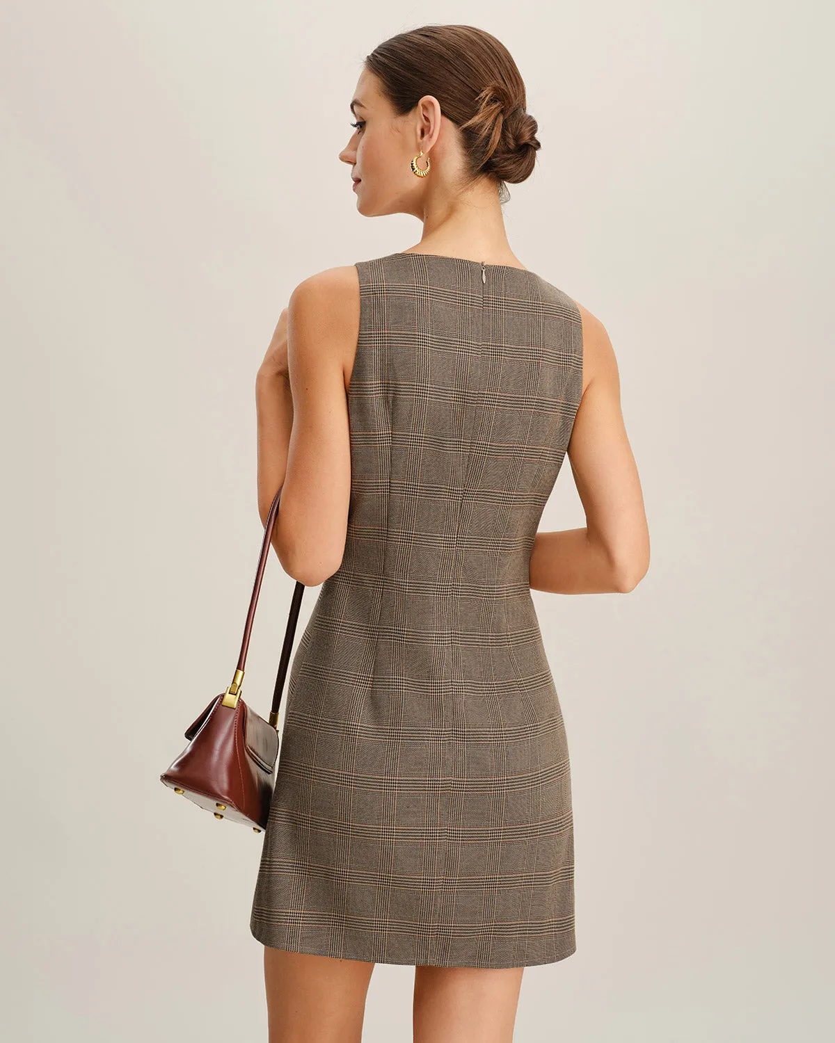 Brown Plaid Sleeveless Mini Dress sold by rihoas product image thumbnail 4