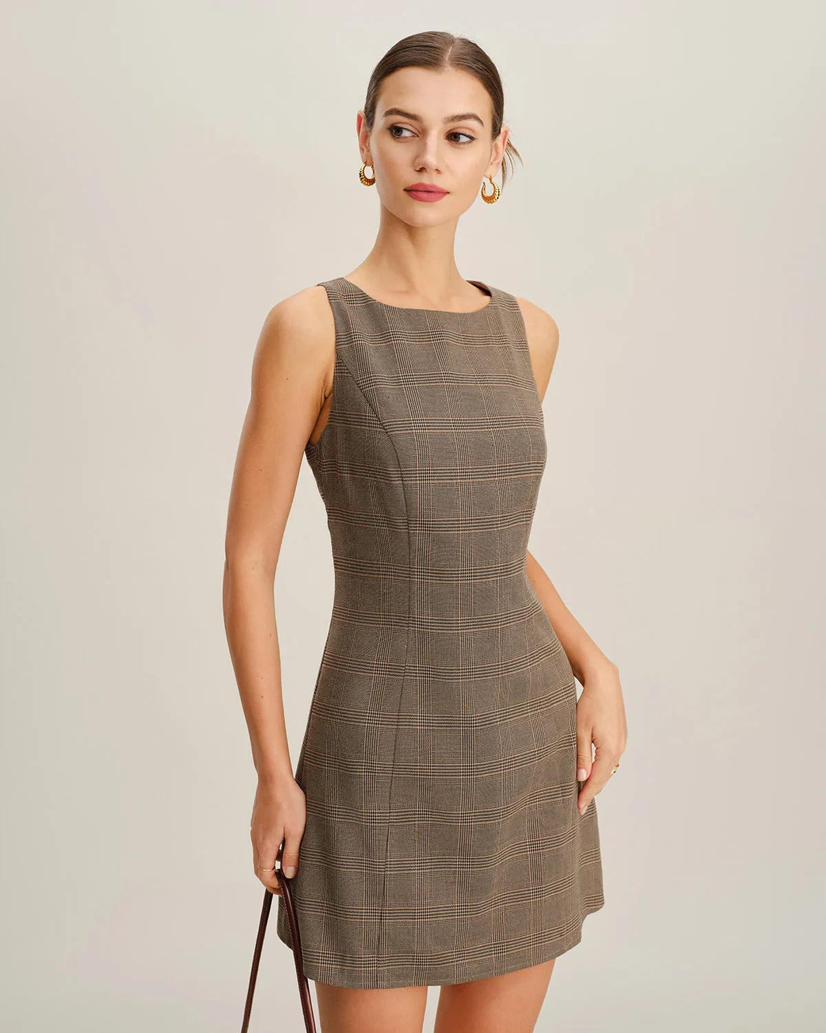 Brown Plaid Sleeveless Mini Dress sold by rihoas product image thumbnail 3