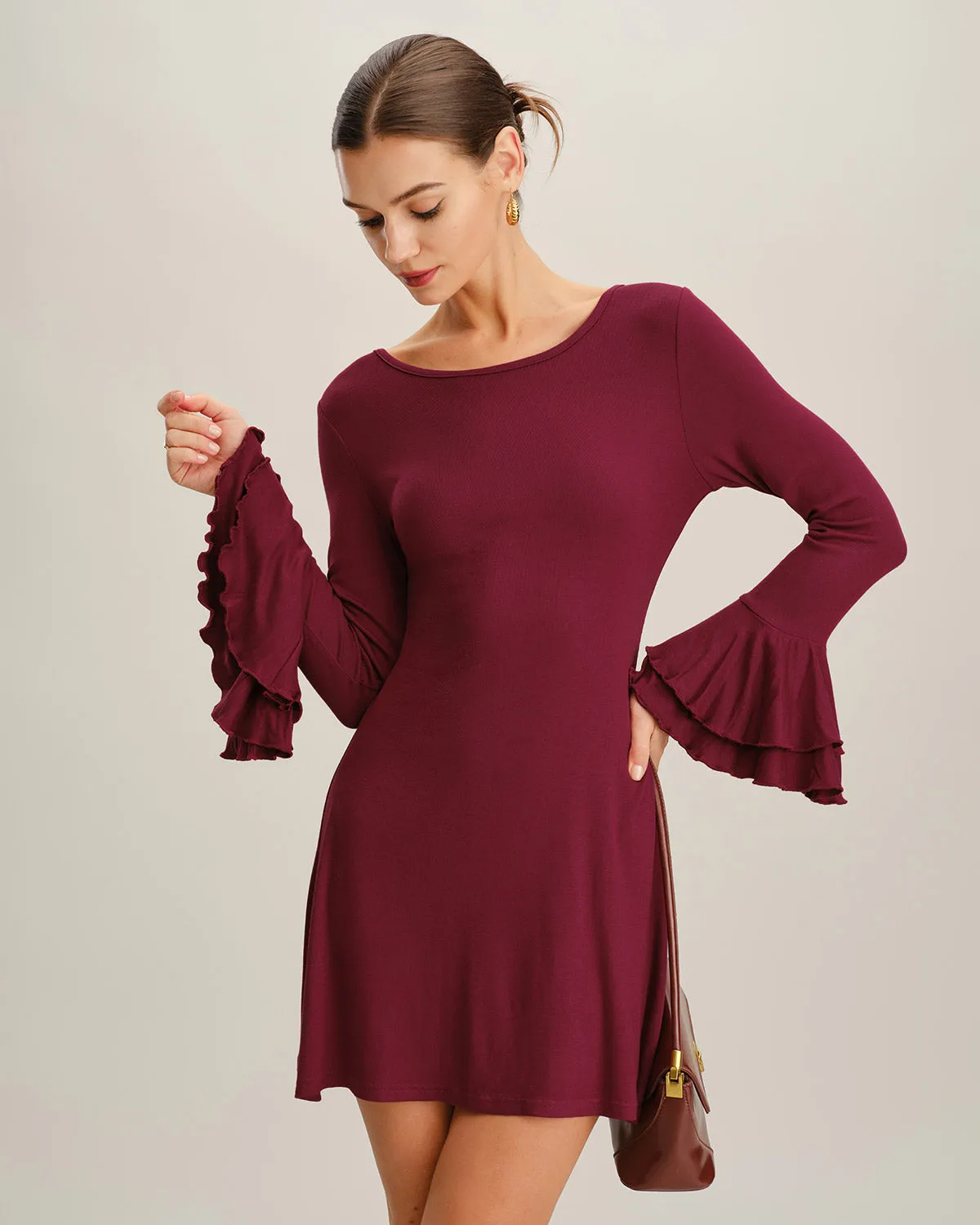 Wine Red A-Line Ruffle Mini Dress sold by rihoas product image thumbnail 3